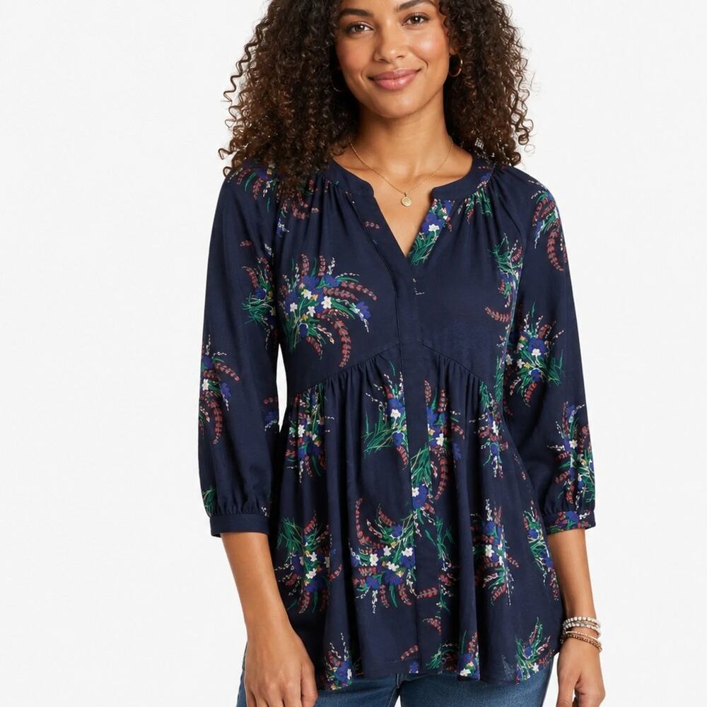 Maeve by Anthropologie Winona Top Womens Large Navy Floral Knit Babydoll Boho